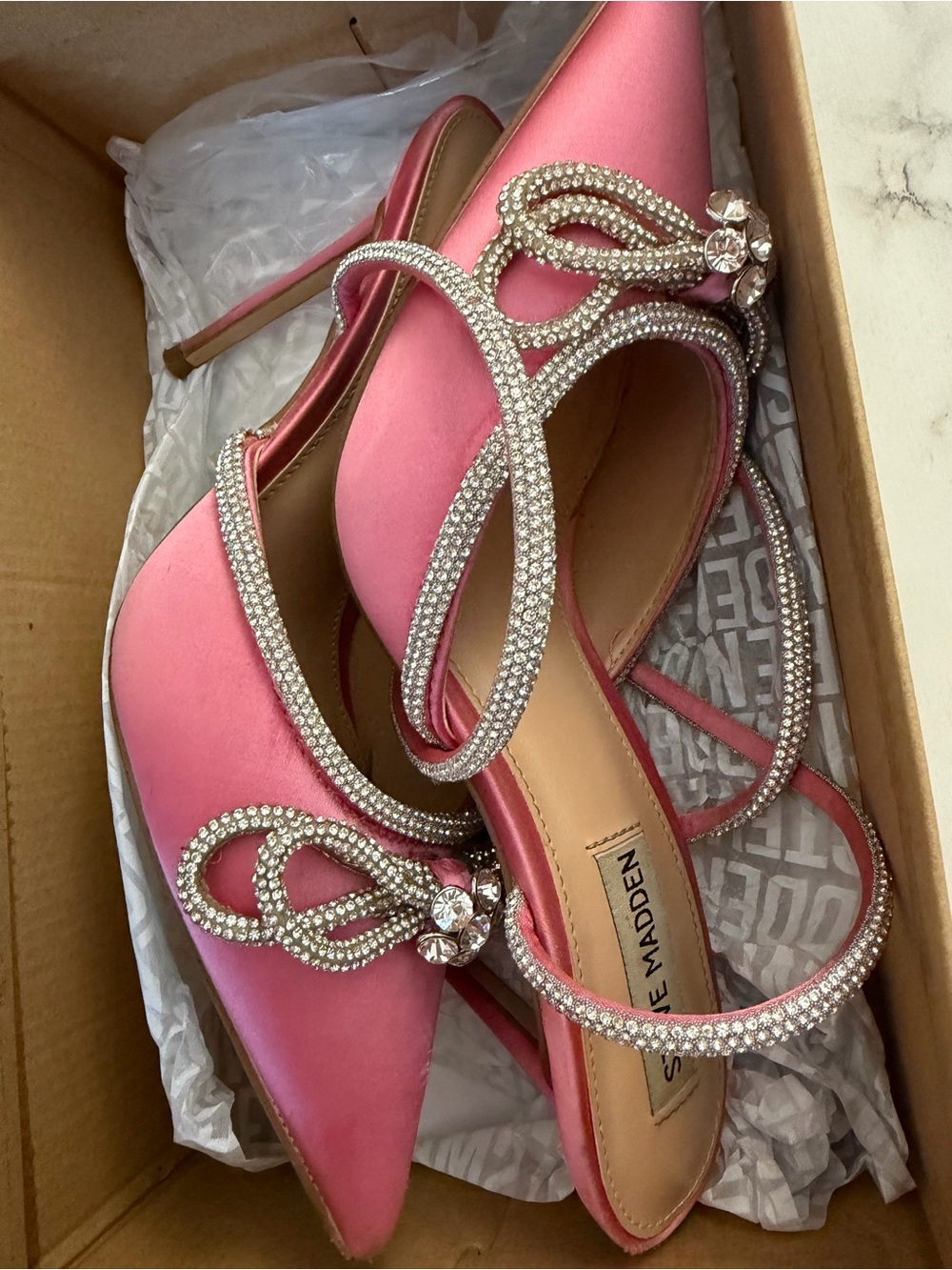 Steve Madden Pink Satin Crystal-Strap Pointed Toe Heels